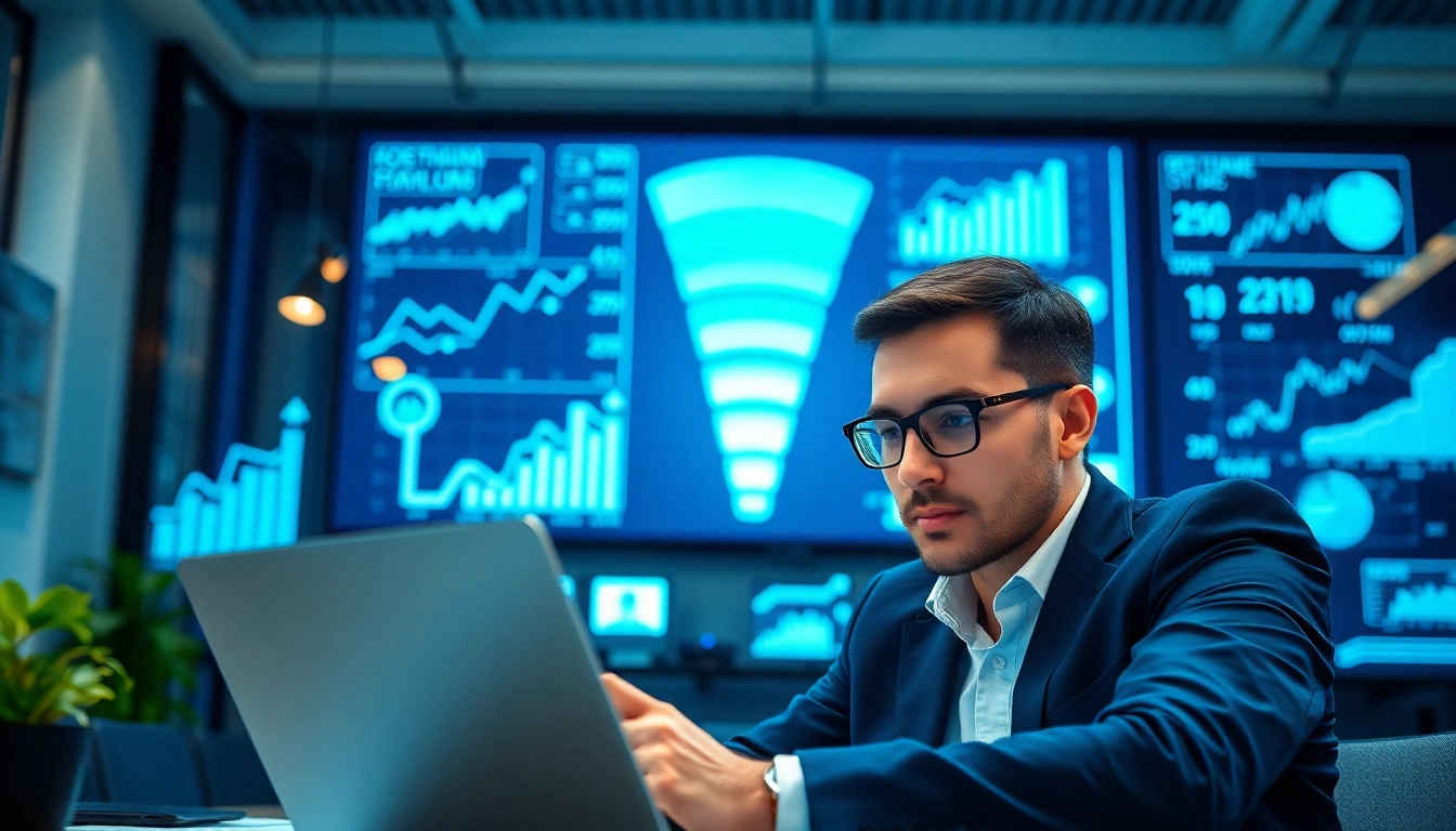 B2B buyer analyzing data during a virtual meeting in a modern office setting.