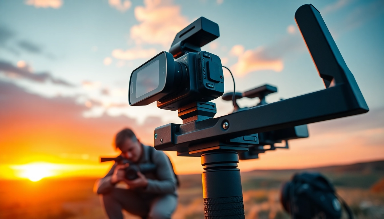 Capture steady footage with the gimbal stabilizer​ used by a videographer in a dramatic outdoor setting.