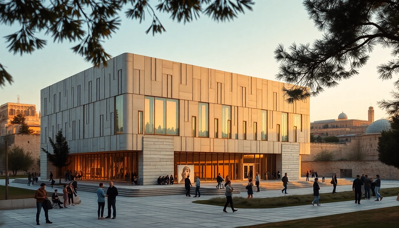 Visitors admiring art at the Jerusalem Art Museum surrounded by beautiful architecture.