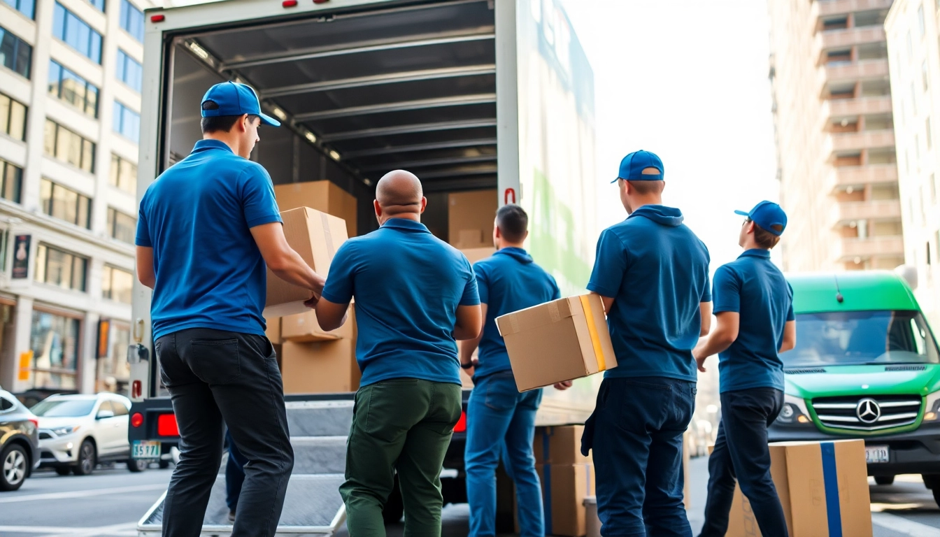 Movers Calgary efficiently loading a truck in a vibrant urban setting showcasing teamwork and organization.