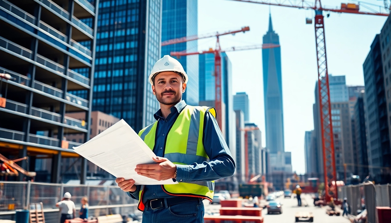 New York Construction Manager supervising a construction site with workers and cranes actively engaged.