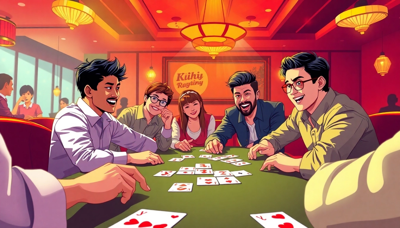 Players enjoying Jaiho rummy at a lively game table filled with colorful cards and bright lights.