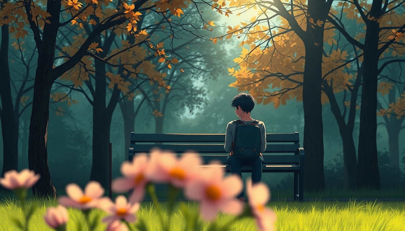 Capture the essence of depression through a thoughtful individual in a tranquil park setting.