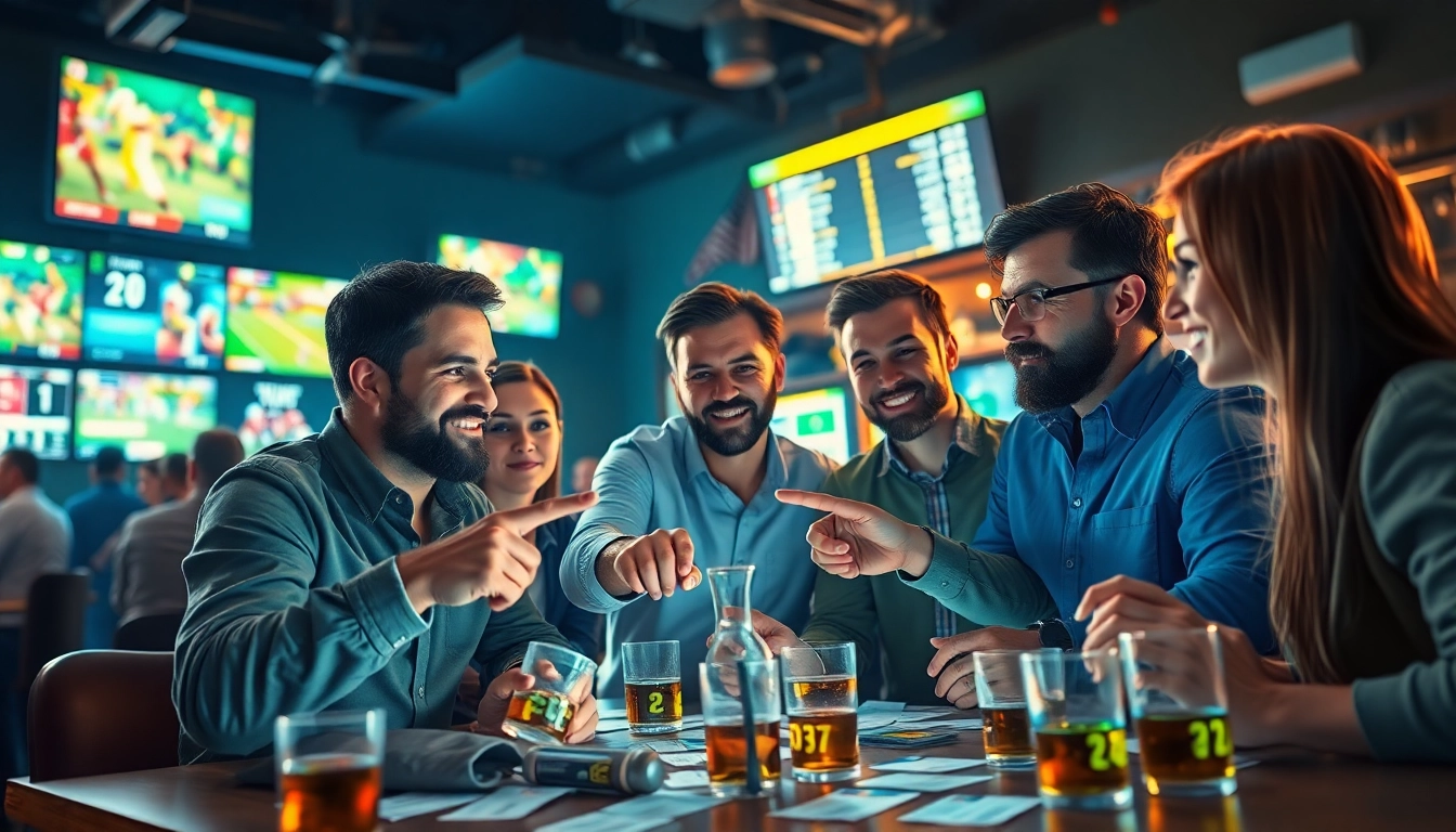 Engaging moment in sports betting with friends discussing live odds at a sports bar