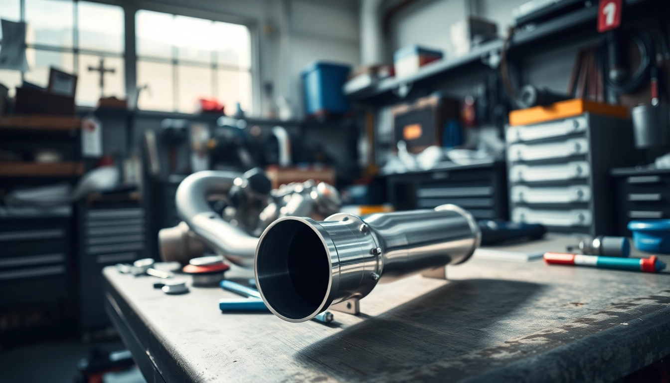 Detailed view of a midpipe showcasing its design and quality in an automotive workshop.